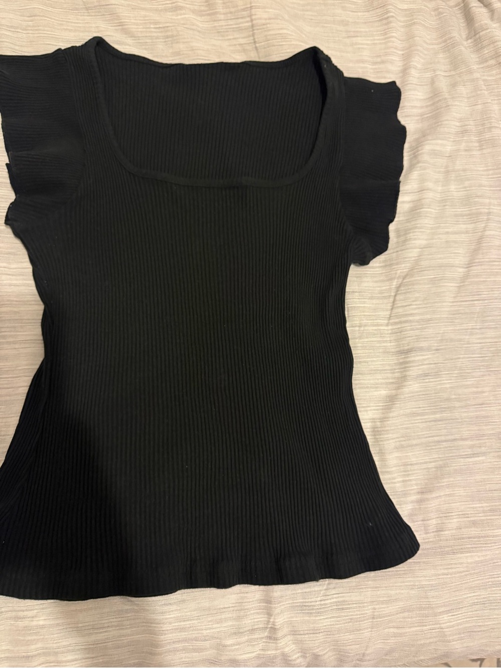 Black Ribbed Square-Neck Flutter Sleeve Top